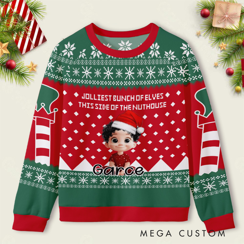 Personalized Christmas Elf Pattern Kids Ugly Christmas Sweater