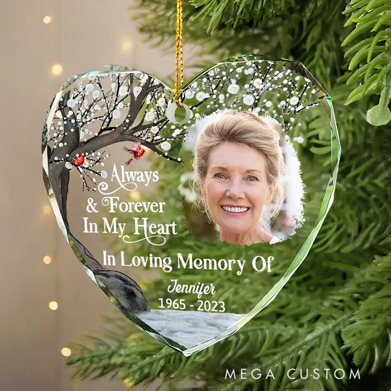 Personalized Memorial Photo Ornament Always And Forever In Our Hearts Memorial Ornament Heart Shaped Glass Christmas Ornament Sympathy Gift