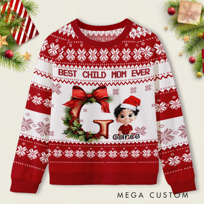 Personalized Elf and Snowman Scene Kids Ugly Christmas Sweater