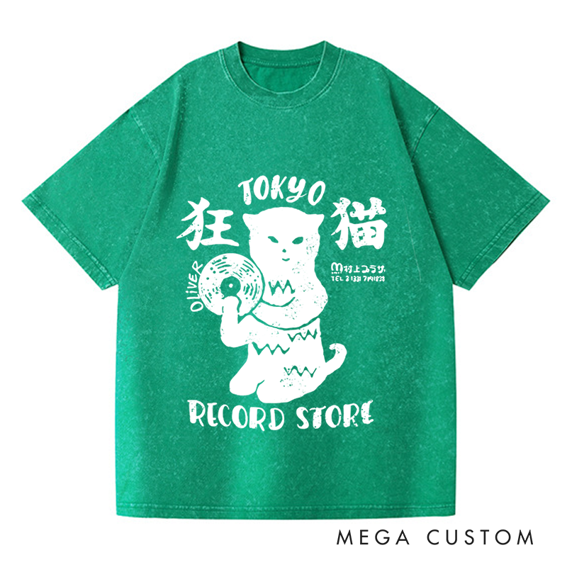 Personalized Washed T-Shirts Tokyo Record Store T-Shirt Vinyl Record Player Cool Vintage Rock Tee DJ Graphic Melting Band Music Tee