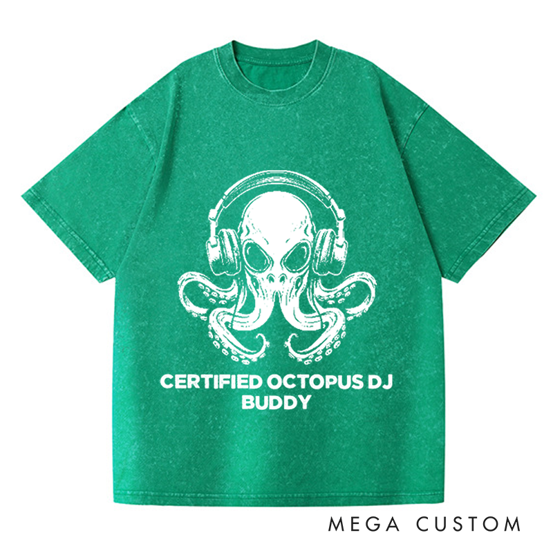 Personalized Washed T-Shirts Unique Octopus DJ Music Lover and Cool Octopus DJ Headphones Art T-Shirt