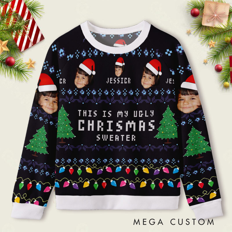 Personalized Merry Christmas with Custom Faces Holiday Lights Ugly Sweater Shirt