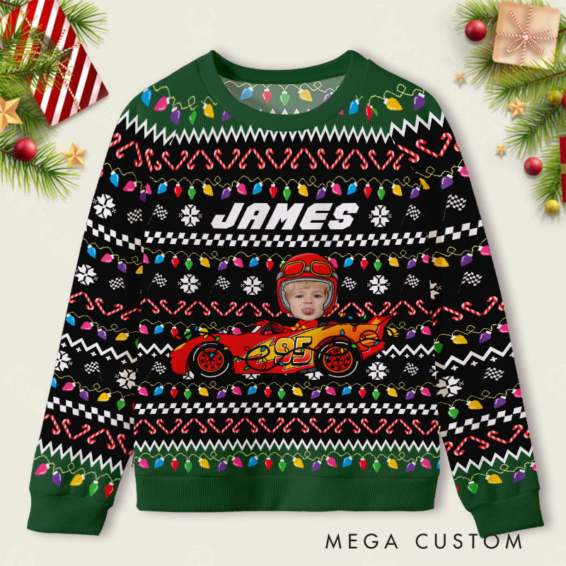 Personalized Kid Face Car Toy Festive Christmas Lights and Name with Santa Joy Ugly Sweater Shirt