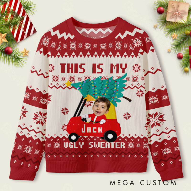 Personalized Festive Holiday Car with Christmas Tree Custom Name and Photo Cozy Ugly Sweater Shirt