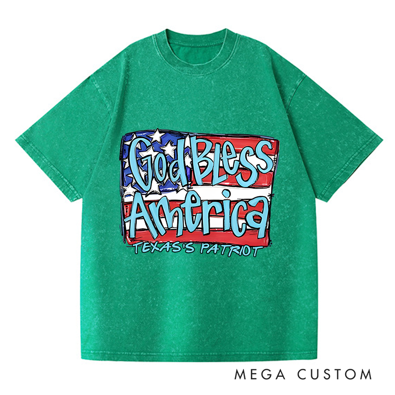 Personalized Washed T-Shirts God Bless America Patriotic and Red White and Blue American Flag T-Shirt