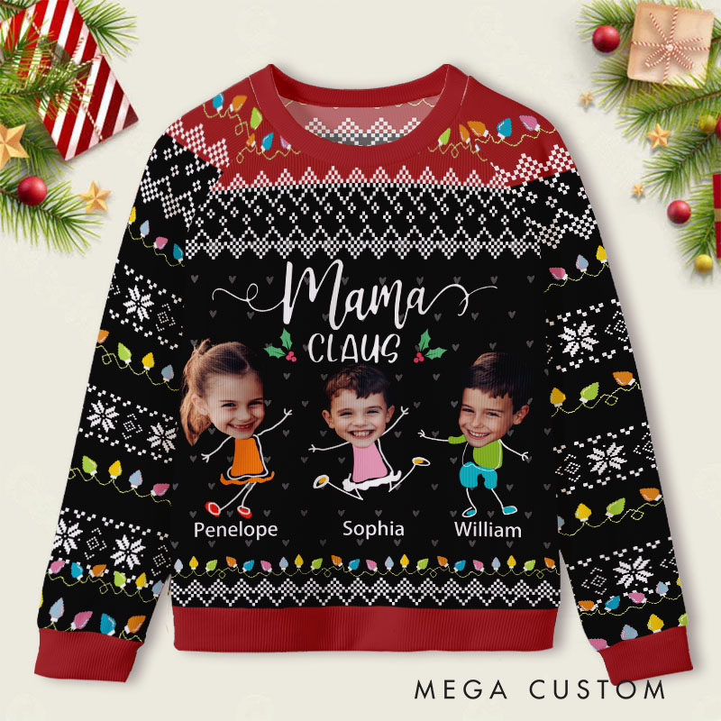 Personalized Mama Claus with Custom Kids Photos Festive Holiday Joy Ugly Sweater Shirt