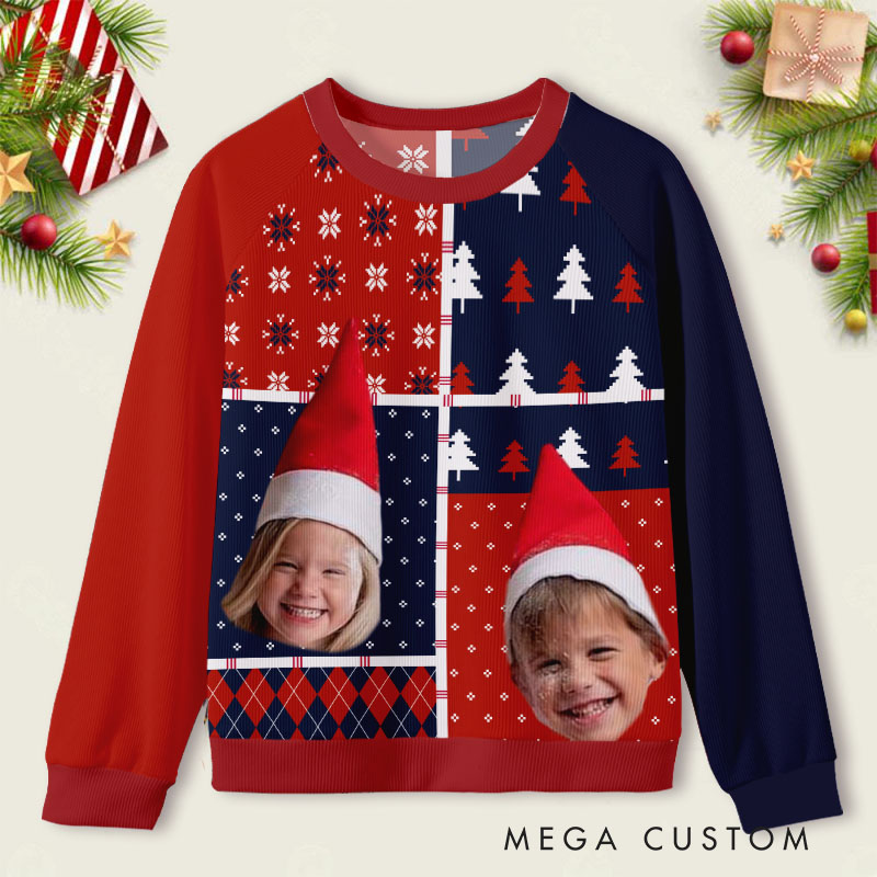 Personalized Red and Blue Christmas Tree with Custom Photo Cheerful Celebration Ugly Sweater Shirt