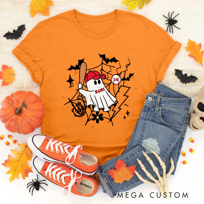 Personalized Halloween Ghost Baseball T-Shirt with Custom Name and Number 