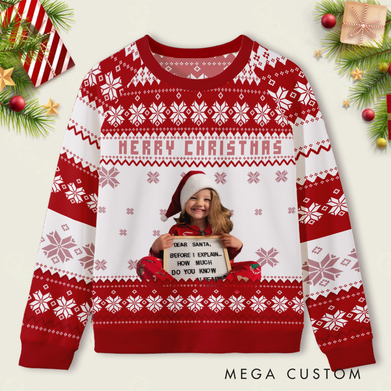 Personalized Merry Christmas Snowflake Pattern with Custom Photo Festive Red and White Cheer Ugly Sweater Shirt