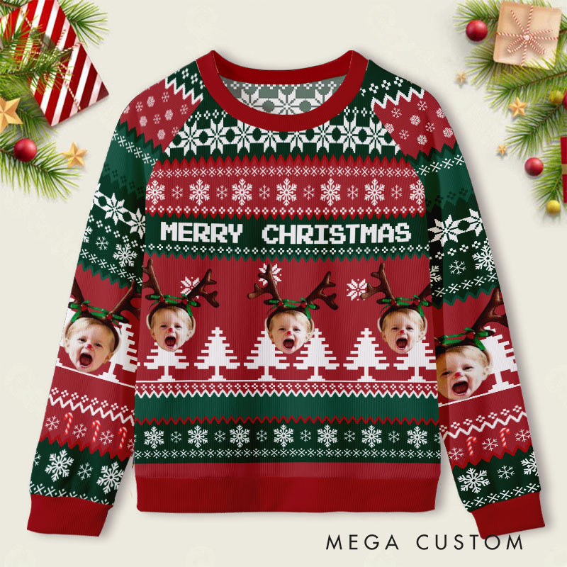 Personalized Reindeer Antlers with Custom Face Merry Christmas Cheer Ugly Sweater Shirt