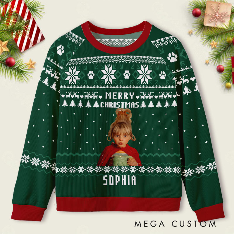 Personalized Festive Wreath with Custom Photo Green Holiday Greetings Ugly Sweater Shirt