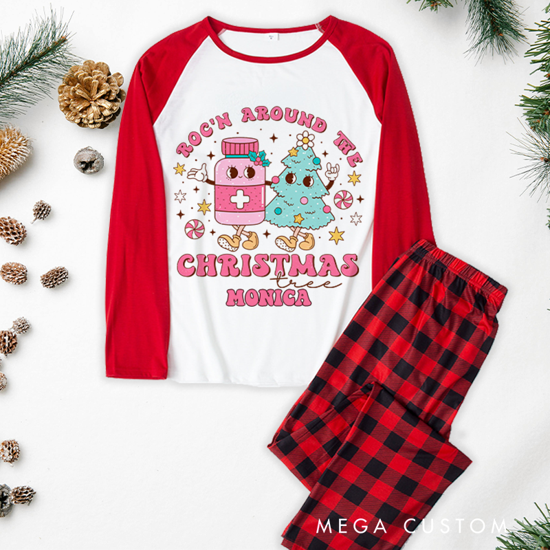 Personalized Nurse Christmas Pajama Sets Custom Rockin Around the Christmas Tree Design Pajamas Xmas Gift