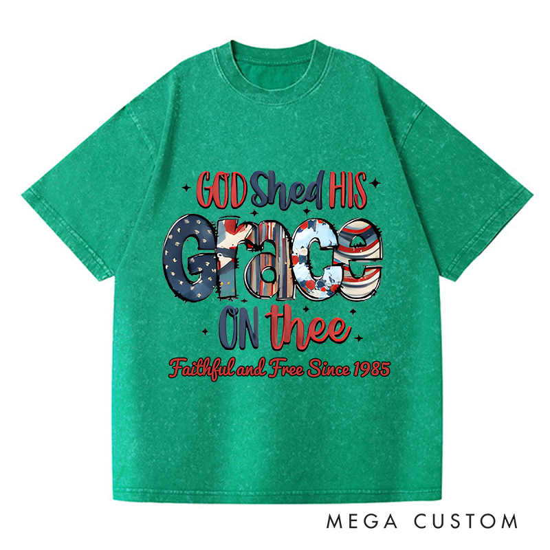 Personalized Washed T-Shirts God Shed His Grace on Thee and Red White and Blue American Flag T-Shirt