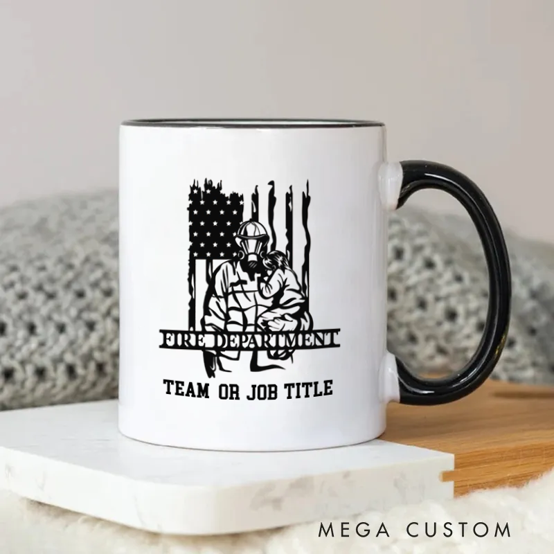 Personalized Firefighter Mug Black and White Firefighter Design with American Flag and Customizable Text for Fire Department and Team or Job Title