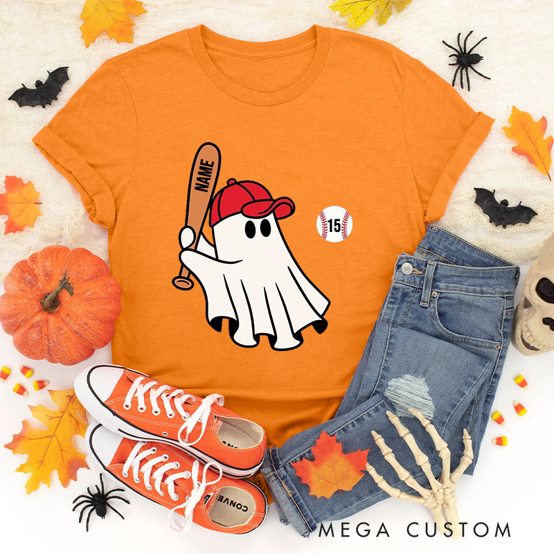 Personalized Halloween T-Shirt with Ghost Holding Bat Custom Text 