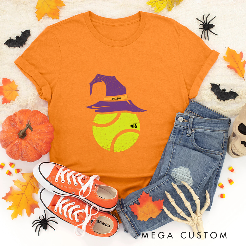 Personalized Halloween Tennis T-Shirt with Witch Hat, Custom Name, and Number