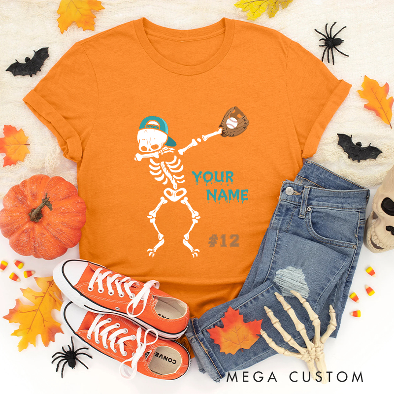 Personalized Skeleton Baseball T-Shirt with Custom Team Name and Number