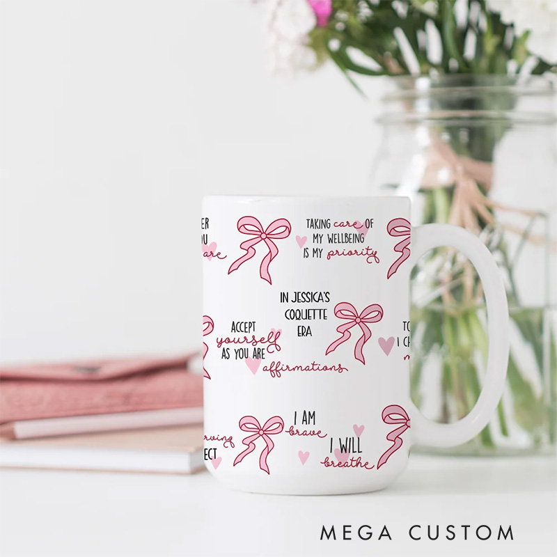Personalized Coquette Bow Blessed Words of Bible 11oz 15oz Ceramic Mug with Text Birthday Motivational Gift for Her