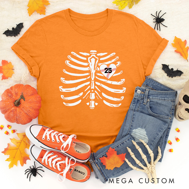 Personalized Custom Skeleton Ribcage T-Shirt with Custom Number and Heart Design  