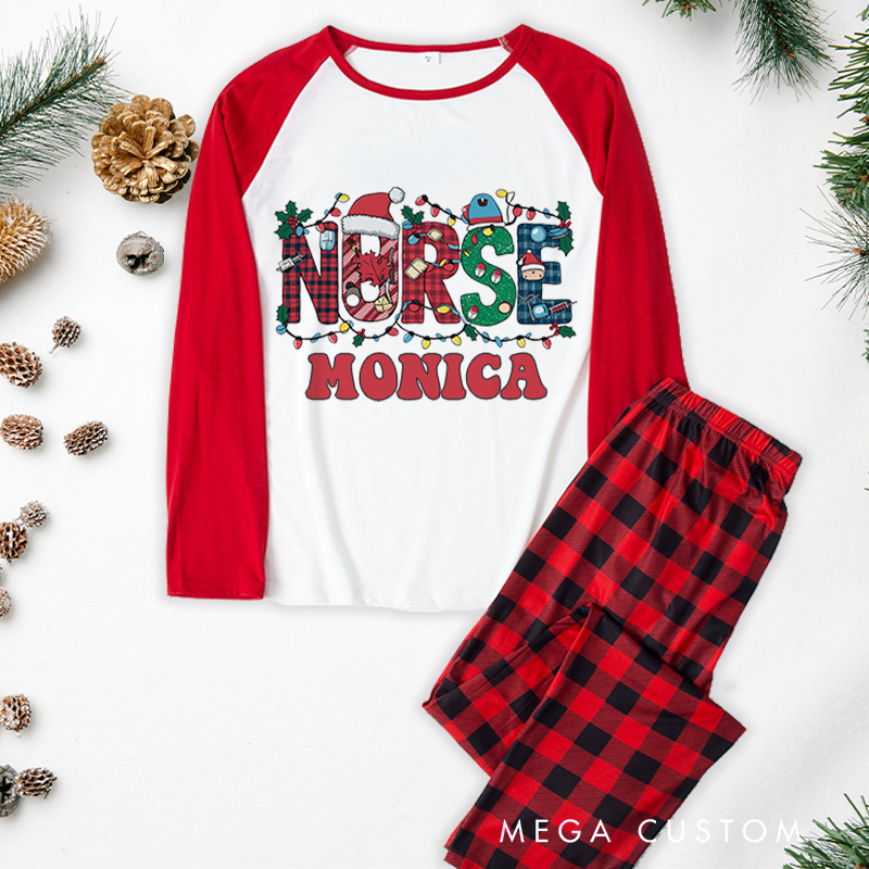 Personalized Nurse Christmas Pajama Sets Custom Nurse Christmas Lights Design Pajamas Xmas Gift
