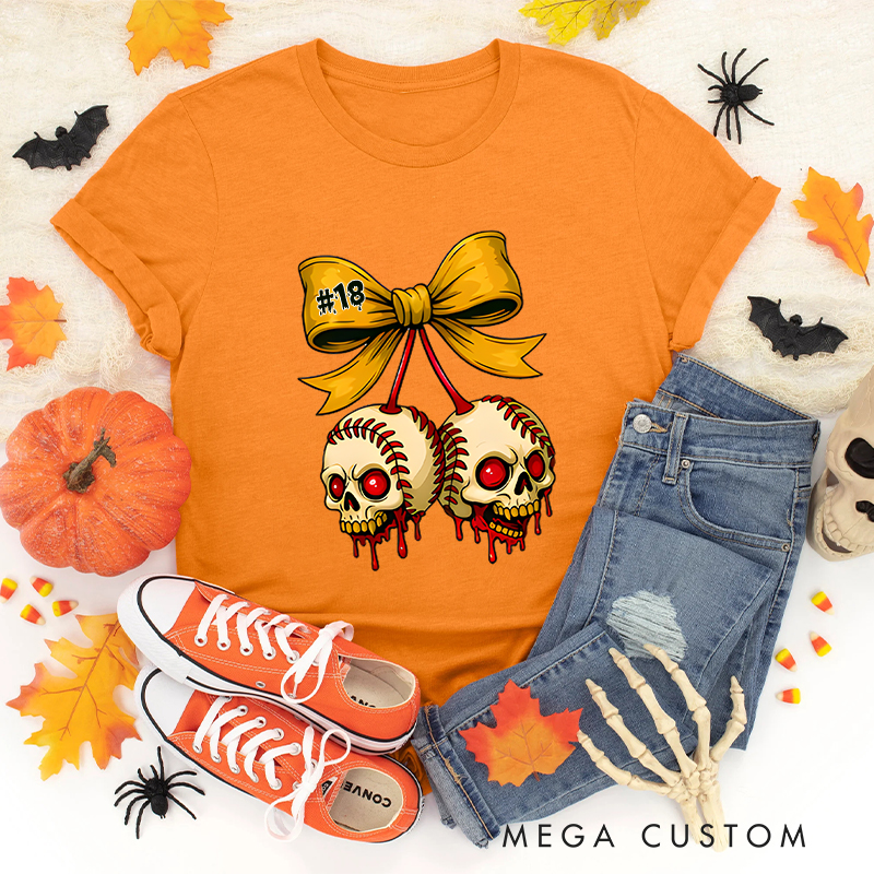 Personalized Halloween Themed Shirt with Skull Baseballs and Custom Number