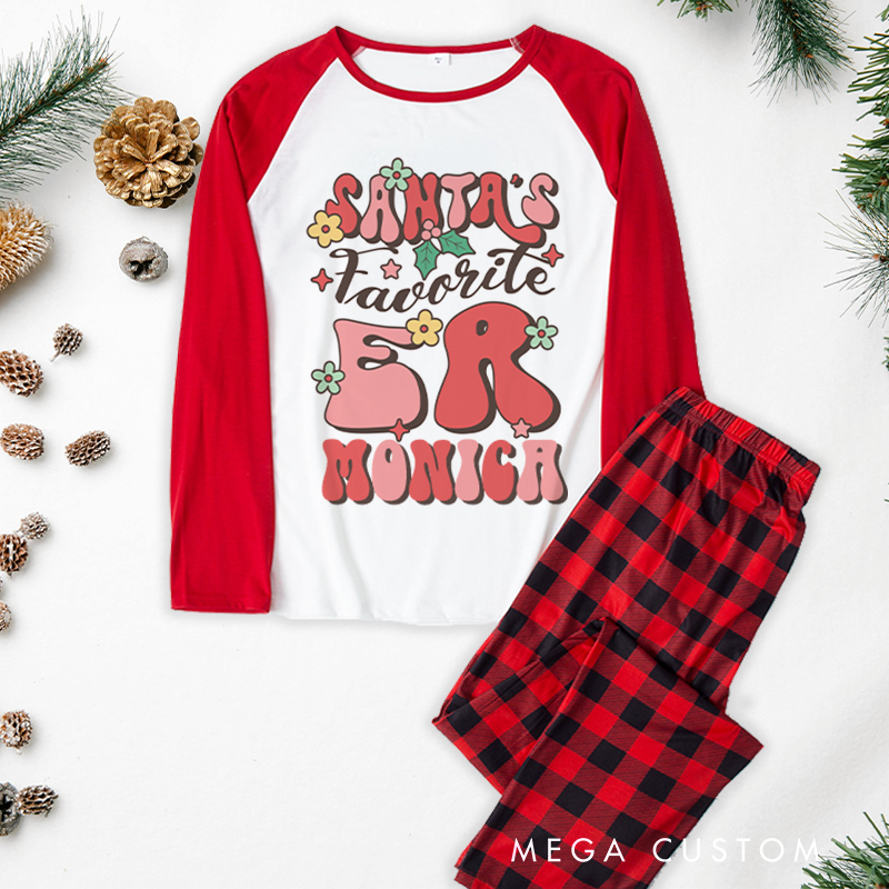 Personalized Nurse Christmas Pajama Sets Custom Santa's Favorite ER Design Pajamas Xmas Gift