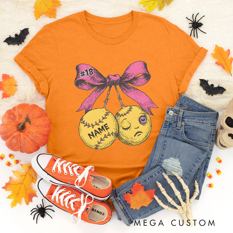 Personalized Halloween Baseball T-Shirt with Custom Name and Pink Bow Design  