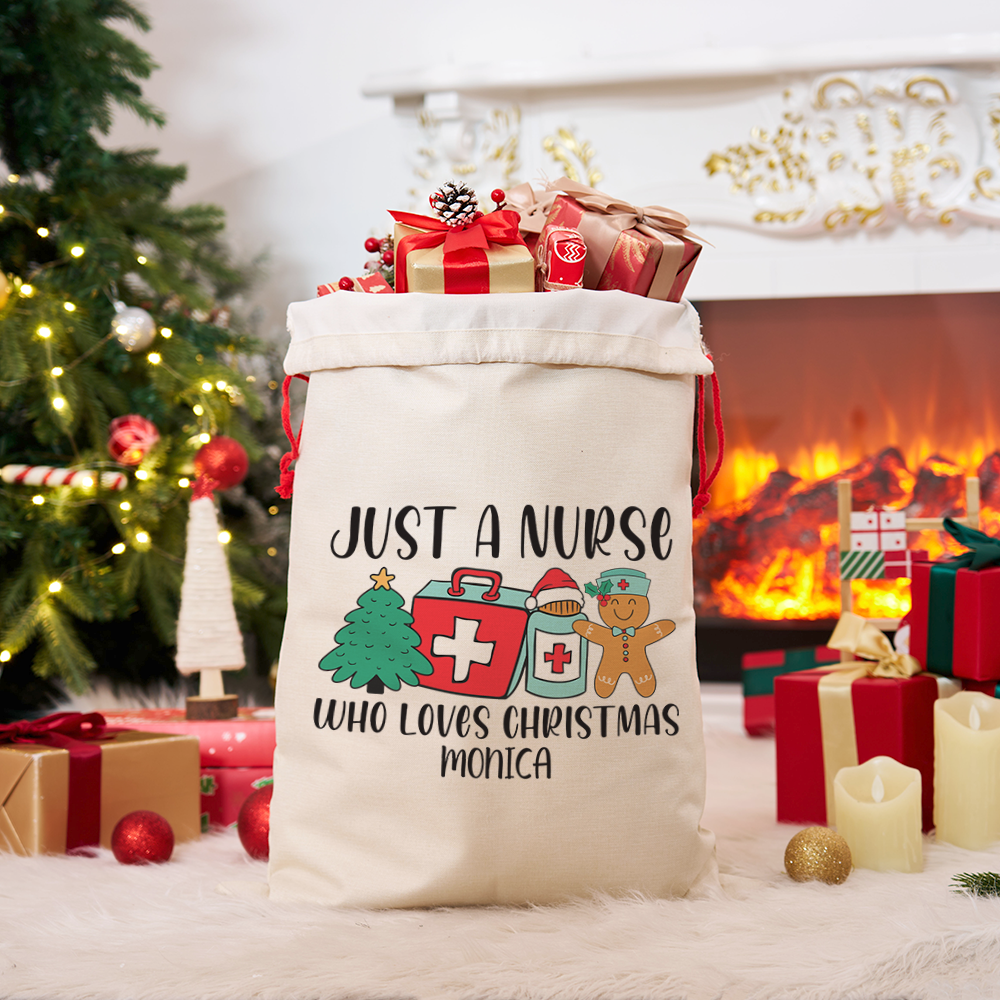 Personalized Nurse Christmas Sack Custom Just a Nurse Who Loves Christmas Design Sack Xmas Gift for Nurse