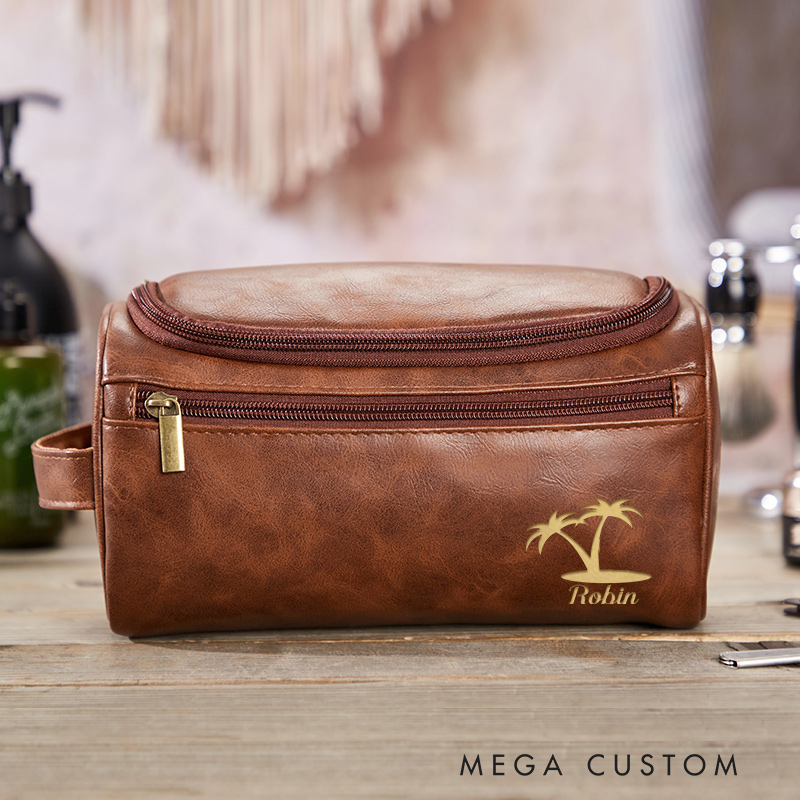 Personalized Palm Tree Toiletry Bag Leather Toiletry Bag for Traveling Lovers Vacation Travel Gift for Him