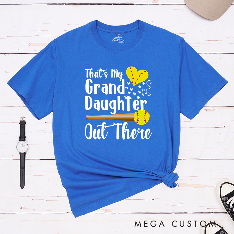 Personalized Softball Support T-Shirt Design Featuring Customizable Text for Granddaughter or Other Titles Bold Typography Heart-Shaped Stitching Graphic Softball Bat and Ball Elements