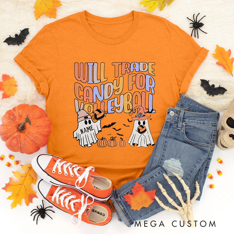  Personalized "Will Trade Candy for Volleyball" Shirt with Customizable Details 