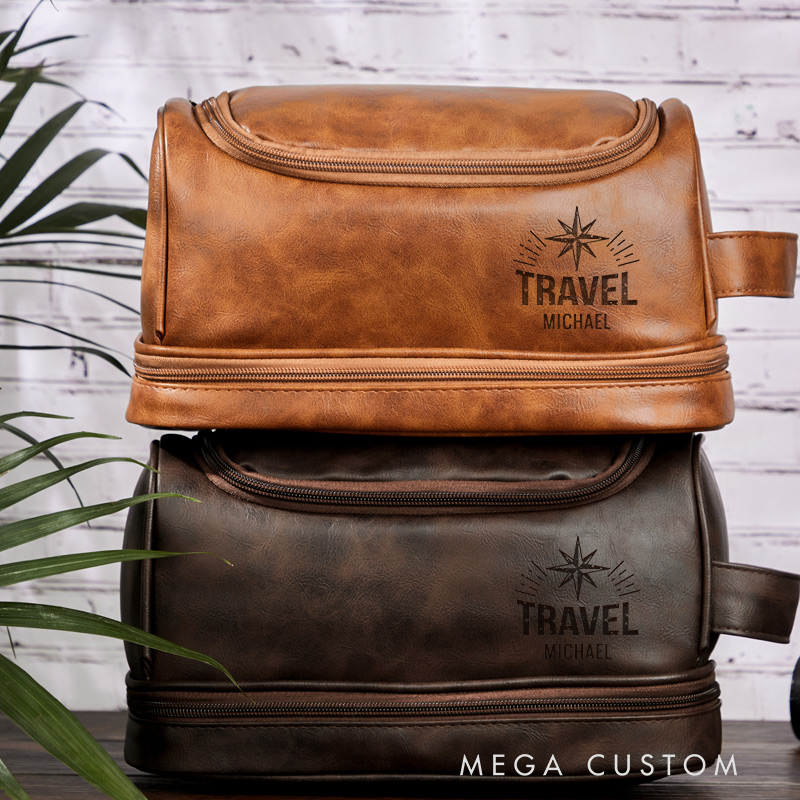 Personalized Travel  Leather Toiletry Bag Gift for Traveling Lovers Laser Engraved Leather Travel Kit