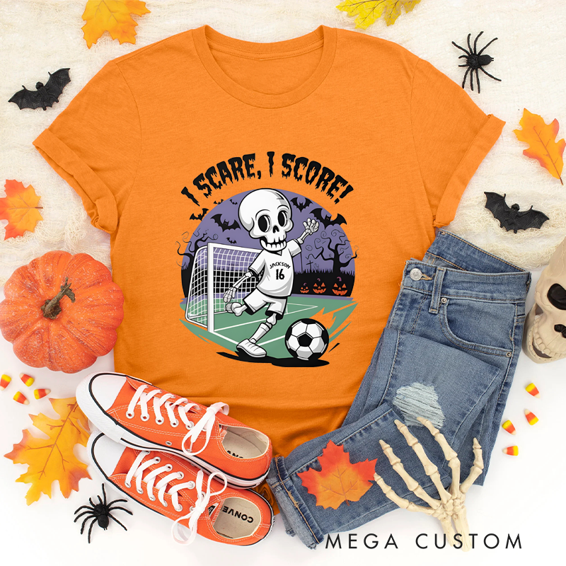 Personalized Halloween Soccer T-Shirt with Skeleton Design, Custom Name, and Number
