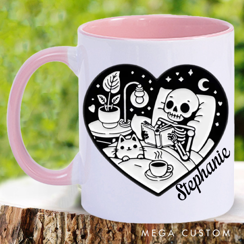 Personalized Skeleton Reading Book Mugs Custom Heart Shape Around Skeleton and Cat with Name Book Lover Gift Librarian Gift Halloween Gift