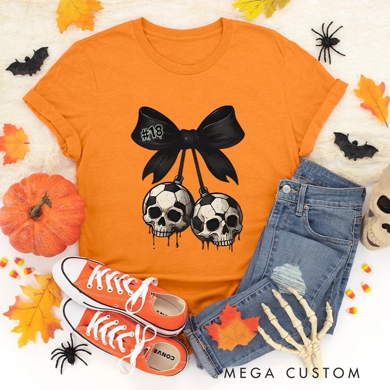 Personalized Spooky Soccer T-Shirt Featuring Custom Number and Skull Graphics 