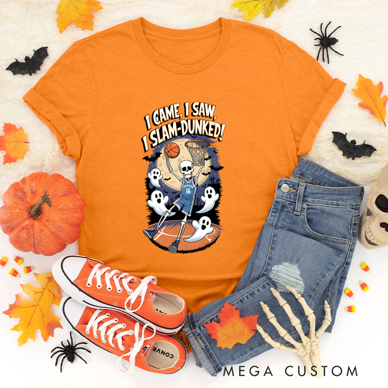 Personalized Halloween Basketball T-Shirt with Skeleton Design, Custom Name, and Number