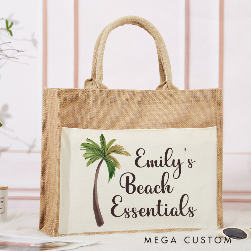 Personalized Beach Essentials Tote Bag Gift for Traveling Lovers Beach Vacation Gift Jute Bag for Her