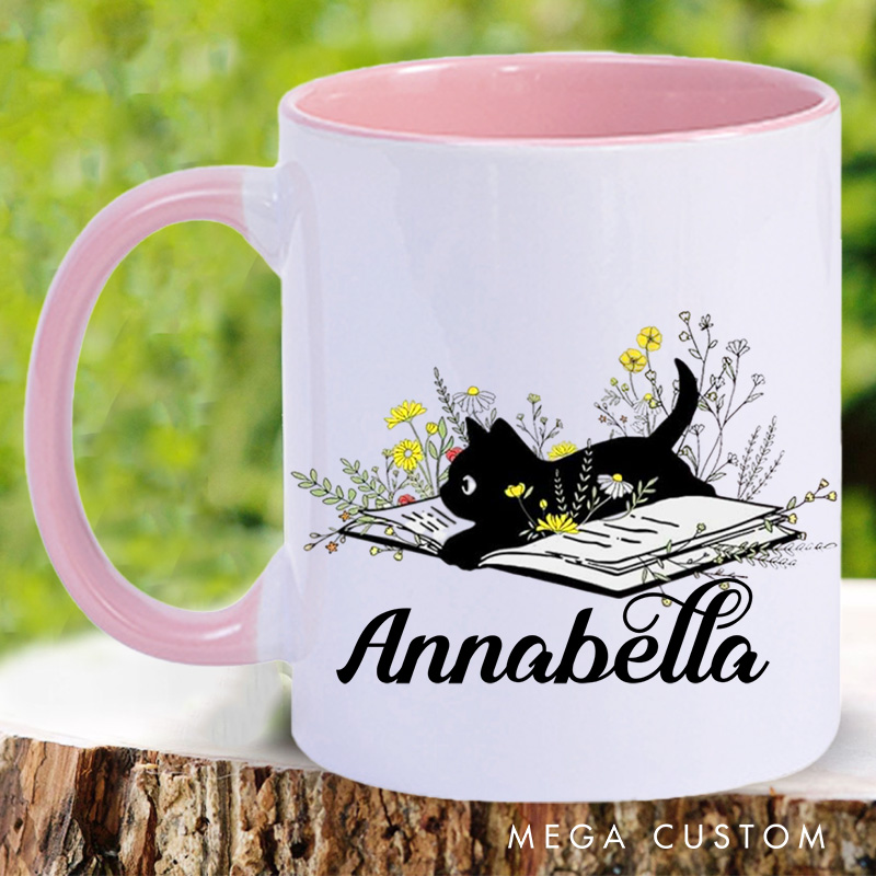 Personalized Black Cat and Book Mugs Custom Flower Book Coffee Mug with Name Librarian Mug Book Lover Gift Bookish Gift Librarian Gift