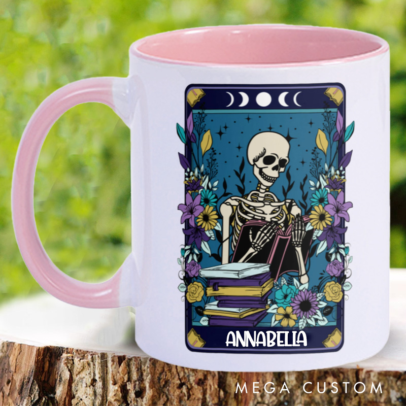 Personalized Skeleton Tarot Card Mugs Custom Skeleton Reader Coffee Mug with Name Halloween Librarian Mug Book Lover Gift for Bookish Halloween Gift