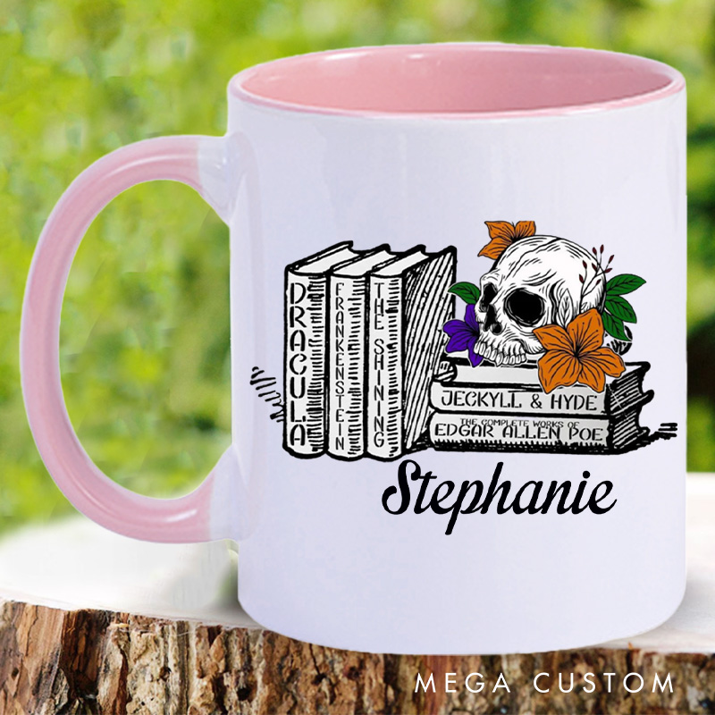 Personalized Spooky Book Mugs Custom Floral Skull Coffee Mug with Name Halloween Librarian Mug Book Lover Gift for Bookish Halloween Gift