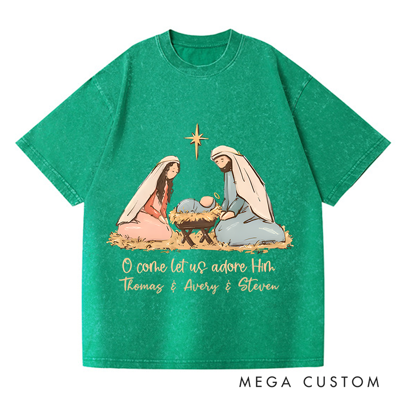 Personalized Washed T-Shirts O Come Let Us Adore Him Nativity Scene Inspirational T-Shirt