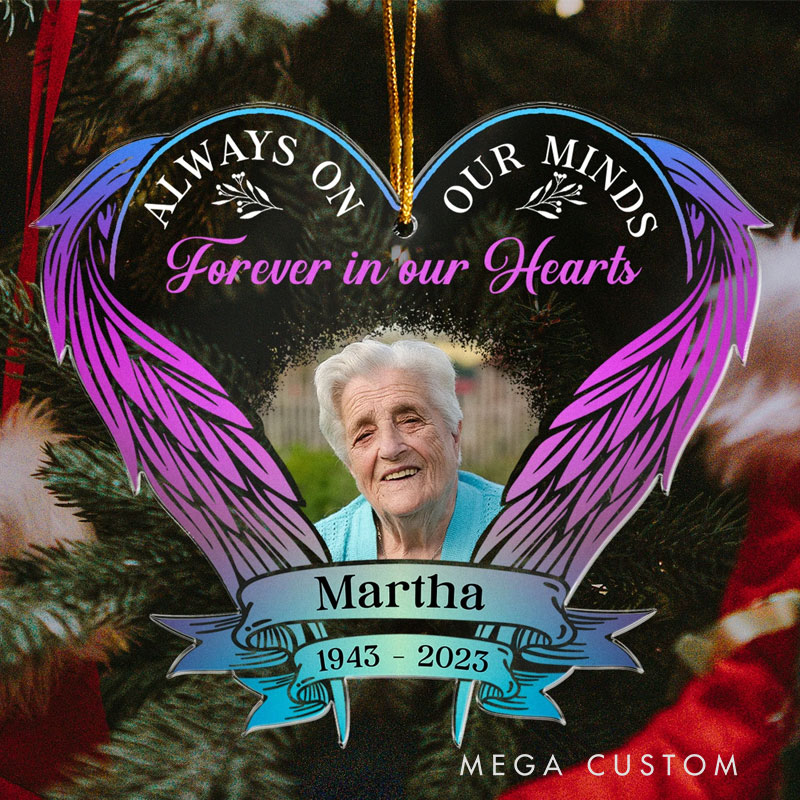 Personalized Memorial Photo Ornament Forever In Our Hearts Sympathy Keepsake Gift Custom Wings Shaped Acrylic Ornament Memorial Gift