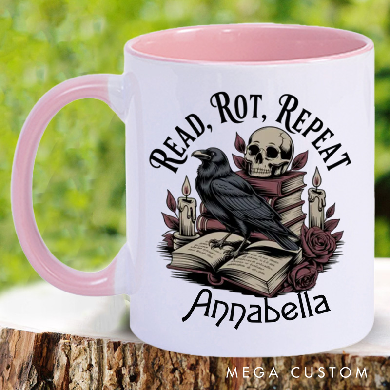 Personalized Read Rot Repeat Mugs Gothic Raven Skull Coffee Mug with Name Halloween Coffee Cup Book Lover Gift for Bookish Gift