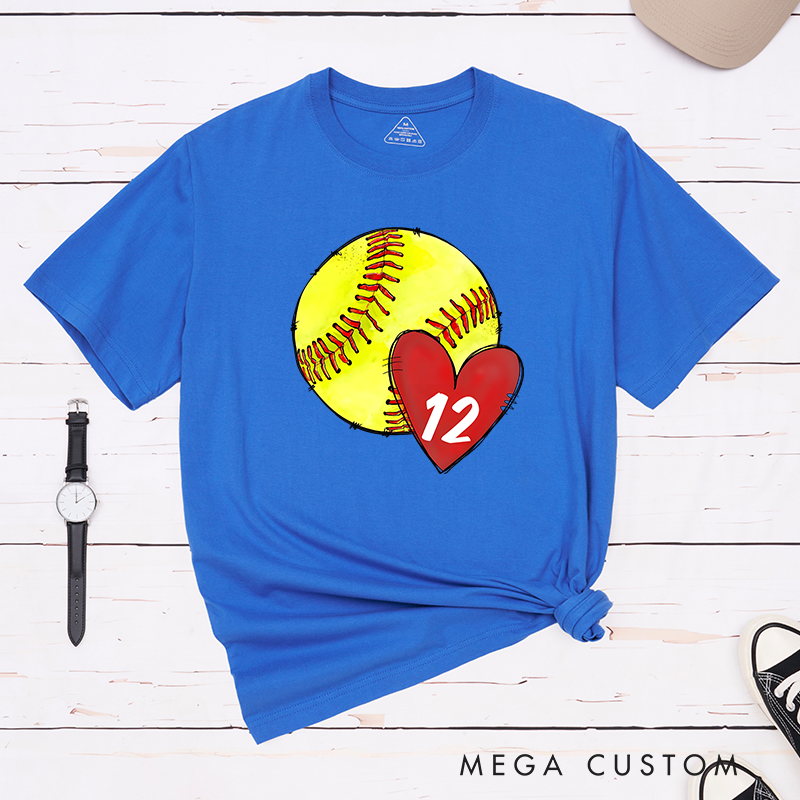 Personalized Softball T-Shirt Design Featuring Hand-Drawn Softball Graphic Heart Element and Customizable Player Jersey Number for a Unique Supportive Look