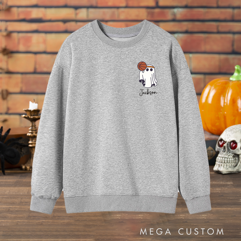 Personalized Halloween Sweatshirt with Ghost Basketball Design and Custom Name