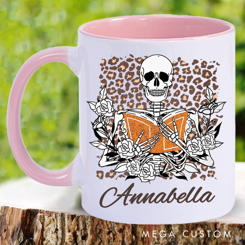 Personalized Skeleton Reading Mugs Custom Flower Skeleton Coffee Mug with Name Leopard Print Mug Book Lover Gift for Bookish Gift