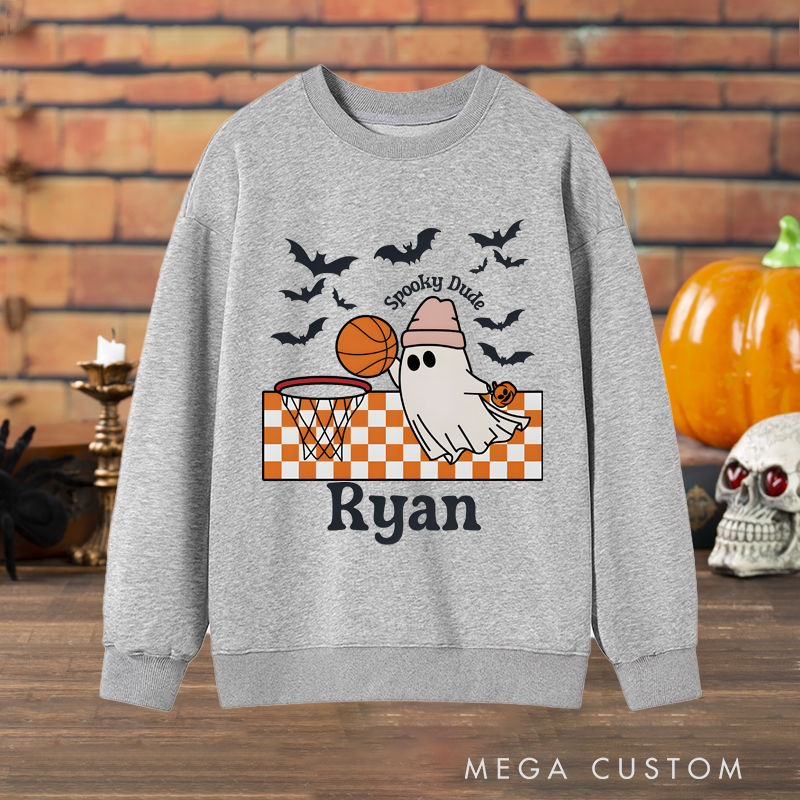 Personalized Halloween Sweatshirt with Ghost Basketball Design, Custom Name, and Spooky Details