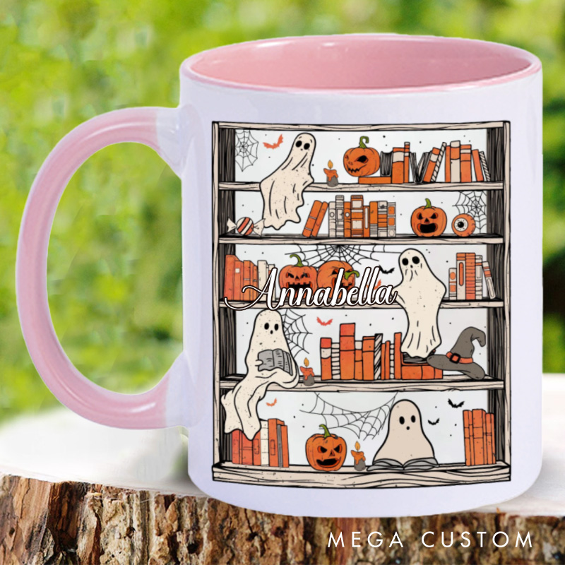 Personalized Reading Ghost Halloween Mugs Custom Bookish Ghost Coffee Mug with Name Librarian Mug Book Lover Gift for Halloween Gift