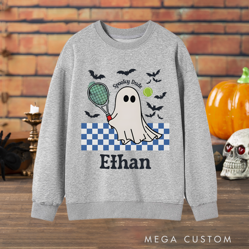 Personalized Halloween Sweatshirt with Ghost Tennis Design and Custom Name
