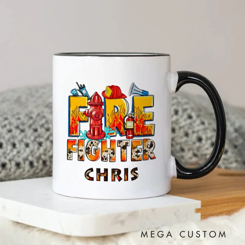 Personalized Firefighter Mug Colorful Firefighter Themed Lettering Design with Fire Hydrant and Equipment Elements Coffee Mug Gift for Firefighters